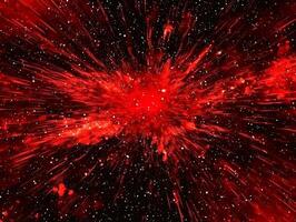 breathtaking eruption of red particles bursts forth, scattering in glowing trails on a dark canvas, conveying intense heat and dynamic energy throughout the space. photo