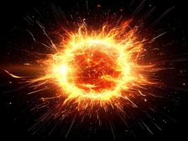 stunning display of fiery red particles bursts forth, forming a radiant sphere of energy. Particles scatter dynamically, creating a cosmic explosion against a dark backdrop. photo