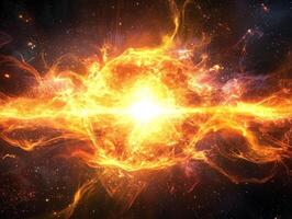 vibrant burst of fiery red particles explodes outward, forming a radiant sphere of energy. The dynamic display creates a captivating cosmic phenomenon against a pitch-black backdrop. photo