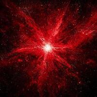 powerful burst of red particles erupts from a glowing center, sending brilliant dust spiraling outward in all directions against a deep black background, creating a mesmerizing cosmic display. photo