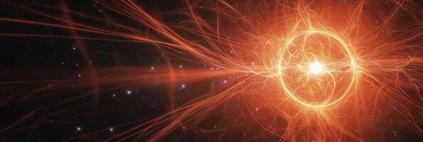 Bright red particles explosively radiate outward, forming a stunning cosmic display of light and energy. Glowing trails and dust enhance the celestial effect, creating a mesmerizing sight. photo