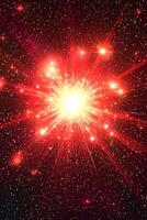 vibrant burst of red particles erupts from the center, scattering glowing energy in all directions. This cosmic explosion creates a stunning contrast with the dark background. photo