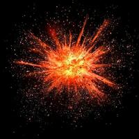 dynamic burst of red particles radiates outward, creating an explosive display of glowing dust and energy. The vivid core illuminates the surrounding darkness, showcasing raw power. photo