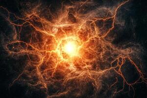 spectacular display of red particles bursts forth from the center, radiating energy as bright trails and cosmic dust scatter into the black void, creating a sense of awe. photo