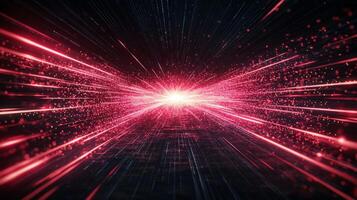 Red particles burst forth in an intense explosion, scattering vibrantly across a dark background, evoking a sense of cosmic energy and movement. photo