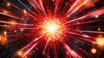 cascade of red particles bursts forth in a brilliant explosion, scattering intensely across a stark black backdrop, embodying the essence of cosmic energy and heat. photo