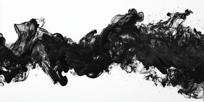 A swirling black smoke plume elegantly twists and expands upward, creating intricate shapes and textures against the stark white backdrop, inviting contemplation of form and movement. photo