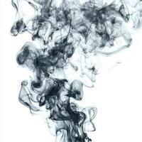 A mesmerizing display of black smoke ascends softly, weaving intricate patterns against a stark white background, creating a captivating and ethereal effect. photo
