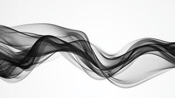 A striking black smoke plume curls and twists in an elegant serpentine shape, displaying a range of textures and fine details against a clean white backdrop. photo