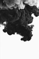 Black smoke gracefully emanates in delicate, swirling layers, dissipating softly into transparent tendrils against a stark white backdrop, evoking a sense of dynamic movement. photo