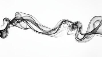 A swirling black smoke plume twists and rises gracefully, showcasing varying thickness and texture against a stark white background, creating an artistic visual impact. photo