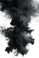 Ethereal black smoke elegantly disperses in soft, layered clouds against a stark white backdrop, forming captivating, swirling patterns that evoke a sense of mystery and beauty. photo