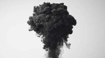 A mesmerizing display of dense black smoke twists and curls against a clean white backdrop, showcasing sharp details and intricate textures as it rises and disperses. photo