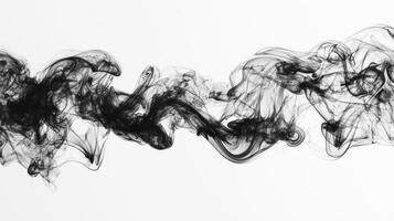 A mesmerizing display of thick black smoke curls and twists elegantly, contrasting sharply against a white backdrop while thinner trails ascend softly, creating a dynamic visual. photo