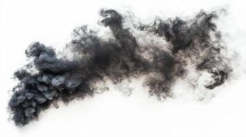 Dense black smoke curls and swirls elegantly, rising against a pure white backdrop, creating striking contrasts and showcasing its intricate, textured details. photo