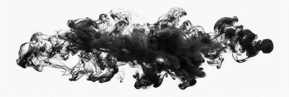 Billowing clouds of black smoke twist and turn, creating complex shapes as they rise into the air against a bright white background, evoking a sense of movement and drama. photo