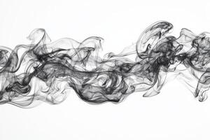Dark, thick smoke spreads horizontally, featuring defined edges and a delicate transparency that evokes a sense of movement and artistry against a stark white backdrop. photo