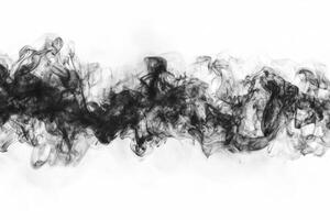 Thick, dark smoke flows horizontally against a bright white surface, showcasing intricate patterns and dramatic edges, creating a striking visual effect. photo
