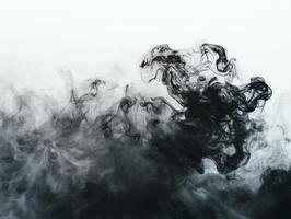 Realistic black smoke rises in captivating tendrils, creating a mesmerizing dance as it contrasts sharply with the plain white background, showcasing its intricate texture and movement. photo