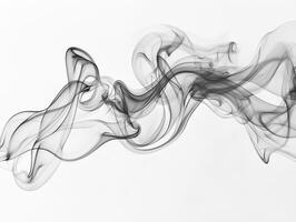 A mesmerizing display of black smoke swirls upward on a pristine white canvas, revealing delicate textures that gracefully transition into soft gray hues, creating an ethereal atmosphere. photo