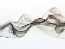 Rising black smoke elegantly dances and swirls against a pristine white backdrop, showcasing intricate textures and soft edges that gradually fade into lighter grays. photo