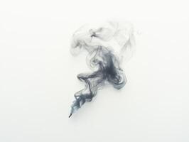 A swirling black smoke gracefully ascends on a white background, showcasing intricate textures and fading into soft gray tones, evoking movement and depth. photo
