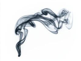 Rich black smoke swirls upward, creating intricate patterns as soft tendrils dissipate into the air, contrasting beautifully against a stark white backdrop. photo