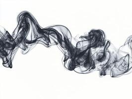 Delicate black smoke tendrils rise elegantly, swirling and thinning as they ascend, creating a captivating contrast against a bright white backdrop, showcasing intricate textures. photo