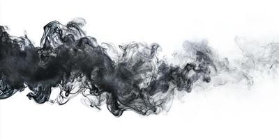Black smoke elegantly twists and turns, creating intricate layers that blend softly into a white background. The swirling patterns evoke a sense of fluid motion and depth. photo