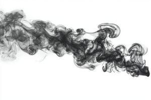 Thick, black smoke ascends in mesmerizing swirls, dancing gracefully against a pristine white background. The soft edges and varying opacity create an atmosphere of intrigue and depth photo