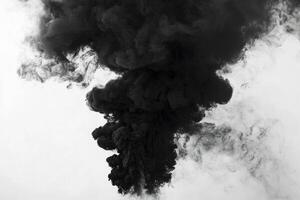 Thick black smoke erupts upward, transforming into dense clouds that shift into delicate trails, all set against a clean white backdrop, evoking a sense of dynamic energy and intrigue photo
