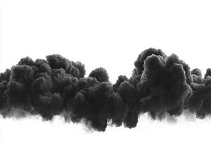 Thick black smoke rises and swirls against a striking white background, forming dark clouds that transition into wispy trails, evoking a sense of movement and intensity photo