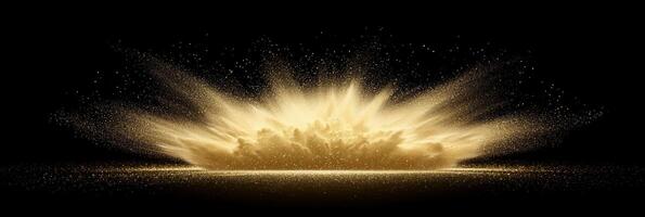 explosion of golden dust creates a mesmerizing display, as radiant particles burst forth and cascade against a dark background, evoking cosmic wonder. photo