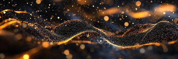 mesmerizing explosion of golden particles fills the canvas, spreading outward in sparkling waves, evoking a sense of cosmic wonder and dynamic energy in the darkness. photo