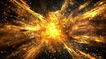 dynamic composition features a radiant burst of golden particles exploding energetically in all directions, glowing with a vibrant intensity that evokes a cosmic atmosphere. photo