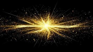 Golden particles radiate outward, creating a mesmerizing explosion against a black backdrop. This cosmic display shimmers intensely, evoking a sense of wonder and brilliance. photo