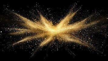 Golden particles explode outward in a dazzling display on a black background, shimmering vibrantly and evoking a sense of cosmic wonder and intensity. photo