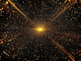 Golden dots and particles swirl outward from a central point, creating a mesmerizing effect of movement and energy against a dark canvas, evoking a sense of dynamic beauty. photo