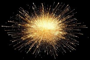 Golden particles burst forth in a dazzling display, scattering and glowing brilliantly against the dark background, depicting a high-energy explosion of light and motion. photo