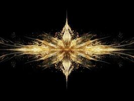 Golden dots and particles burst forth from a central point, creating an energetic display full of movement. The contrasting black background highlights the vibrant explosion, captivating attention. photo