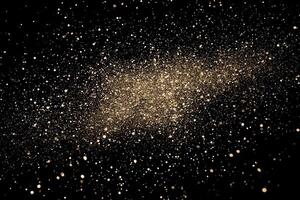 Golden particles burst outward with intense brightness, scattering in various directions against a deep black background, creating a stunning display of energy. photo