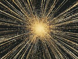 dazzling explosion of gold particles radiates from a central point against a deep black background, evoking movement, energy, and creativity with varied brightness. photo