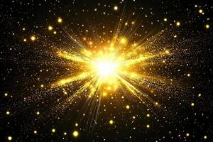 Golden particles burst from the center, scattering in every direction, creating a dazzling display of light and energy against the deep black background. photo