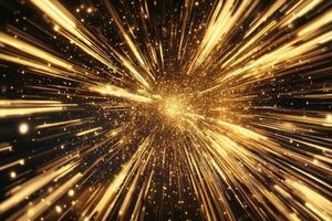mesmerizing burst of golden particles erupts from the center, glowing brilliantly as they scatter energetically across a deep black space, creating an enchanting display. photo
