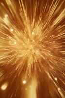 stunning explosion of golden particles radiates from the center, scattering outward with shimmering brilliance and glowing edges, creating a vibrant spectacle of light and energy. photo