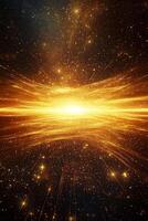 Witness a stunning burst of golden particles as they explode energetically from the center, shimmering and scattering with a dynamic brilliance that captivates the eye. photo