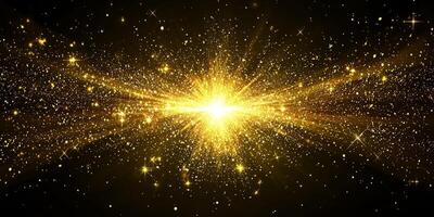 stunning explosion of golden particles creates a spherical burst, with a bright center dispersing fine dust into the darkness, resembling a cosmic event full of energy. photo