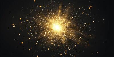 Golden particles erupt vibrantly from a bright center, creating a stunning cosmic explosion filled with energy. This dynamic display transforms the black background into a celestial spectacle. photo