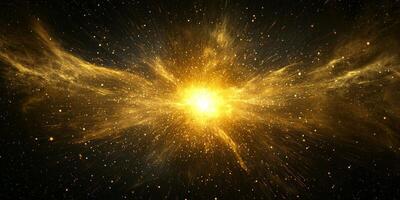 vibrant explosion of golden particles fills the darkness, creating a mesmerizing sphere. The radiant center glows intensely while particles disperse into fine dust, embodying cosmic beauty. photo