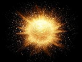 stunning explosion of golden particles bursts into a radiant sphere, dispersing luminous energy across a dark cosmic background, creating an awe-inspiring visual spectacle. photo